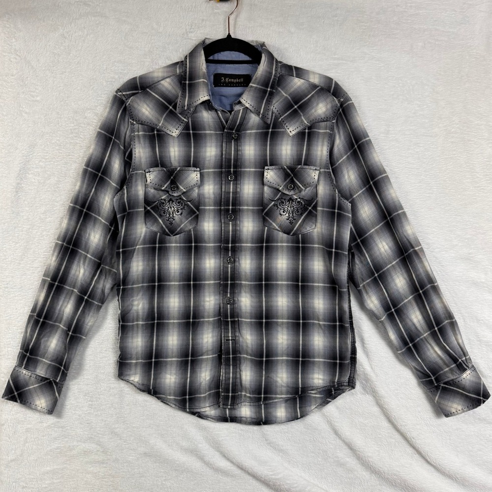 JCampbell S Grey Plaid Embroidered Western Button Down Shirt Graphic Grunge Goth